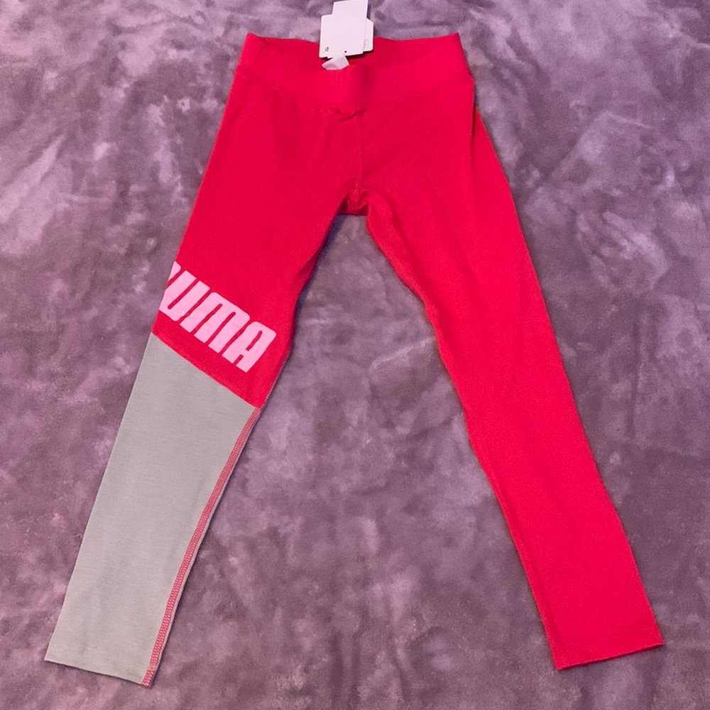 Puma Pink and gray leggings with baby pink writing that says puma.  S (7) Girls